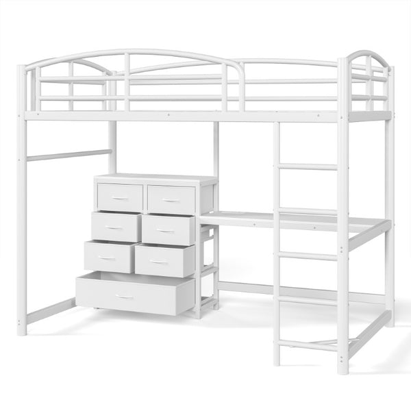 English Elm Twin Metal Loft Bed with Built-In Desk LED Lighting and Fabric Drawers for Teens W5305S00220