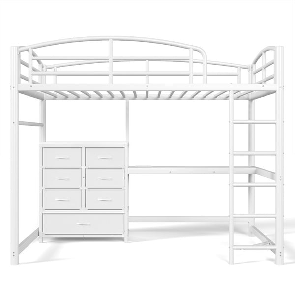 English Elm Twin Metal Loft Bed with Built-In Desk LED Lighting and Fabric Drawers for Teens W5305S00220