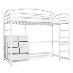 English Elm Twin Metal Loft Bed with Built-In Desk LED Lighting and Fabric Drawers for Teens W5305S00220