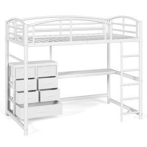 English Elm Twin Metal Loft Bed with Built-In Desk LED Lighting and Fabric Drawers for Teens W5305S00220