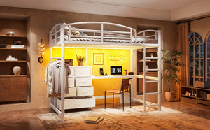 English Elm Twin Metal Loft Bed with Built-In Desk LED Lighting and Fabric Drawers for Teens W5305S00220