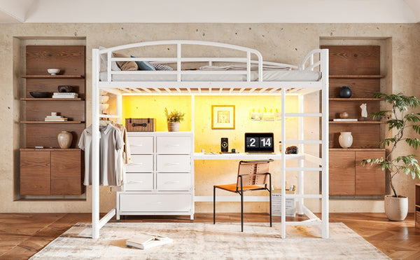 English Elm Twin Metal Loft Bed with Built-In Desk LED Lighting and Fabric Drawers for Teens W5305S00220