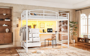 English Elm Twin Metal Loft Bed with Built-In Desk LED Lighting and Fabric Drawers for Teens W5305S00220