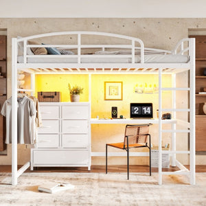 English Elm Twin Metal Loft Bed with Built-In Desk LED Lighting and Fabric Drawers for Teens W5305S00220