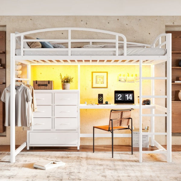 English Elm Twin Metal Loft Bed with Built-In Desk LED Lighting and Fabric Drawers for Teens W5305S00220