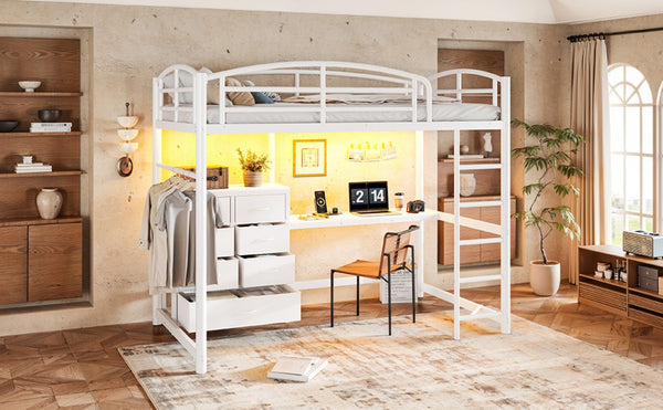 English Elm Twin Metal Loft Bed with Built-In Desk LED Lighting and Fabric Drawers for Teens W5305S00220