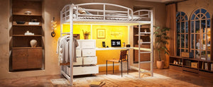 English Elm Twin Metal Loft Bed with Built-In Desk LED Lighting and Fabric Drawers for Teens W5305S00220