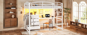 English Elm Twin Metal Loft Bed with Built-In Desk LED Lighting and Fabric Drawers for Teens W5305S00220