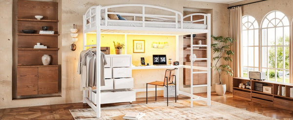 English Elm Twin Metal Loft Bed with Built-In Desk LED Lighting and Fabric Drawers for Teens W5305S00220