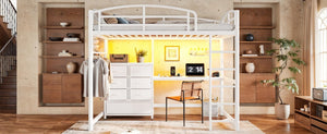 English Elm Twin Metal Loft Bed with Built-In Desk LED Lighting and Fabric Drawers for Teens W5305S00220