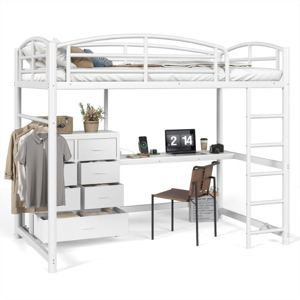 English Elm Twin Metal Loft Bed with Built-In Desk LED Lighting and Fabric Drawers for Teens W5305S00220