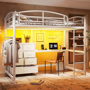 English Elm Twin Metal Loft Bed with Built-In Desk LED Lighting and Fabric Drawers for Teens W5305S00220
