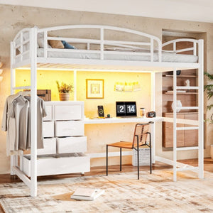 English Elm Twin Metal Loft Bed with Built-In Desk LED Lighting and Fabric Drawers for Teens W5305S00220