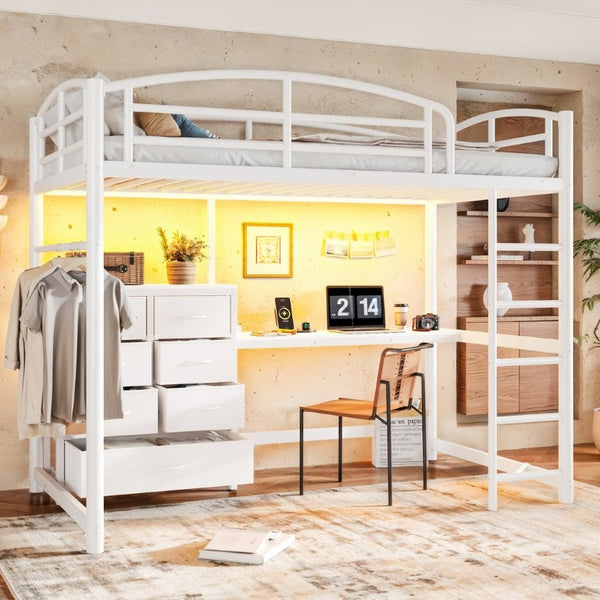 English Elm Twin Metal Loft Bed with Built-In Desk LED Lighting and Fabric Drawers for Teens W5305S00220