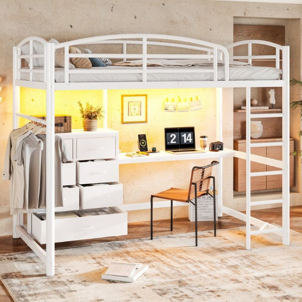 English Elm Twin Metal Loft Bed with Built-In Desk LED Lighting and Fabric Drawers for Teens W5305S00220