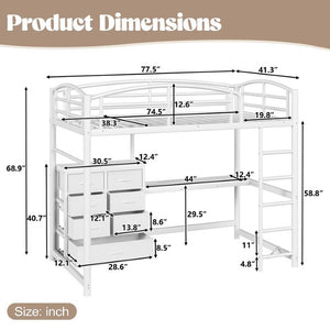 English Elm Twin Metal Loft Bed with Built-In Desk LED Lighting and Fabric Drawers for Teens W5305S00220