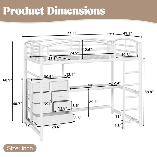 English Elm Twin Metal Loft Bed with Built-In Desk LED Lighting and Fabric Drawers for Teens W5305S00220