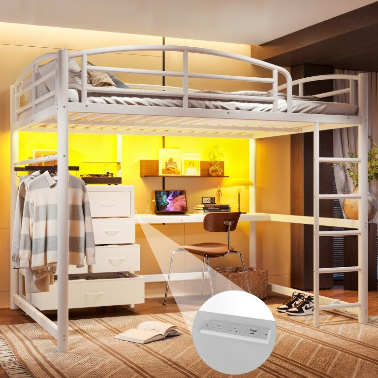 English Elm Full Size Low Loft Bed with Integrated Desk LED Lighting and Fabric Storage Drawers Ancient White W5305S00222