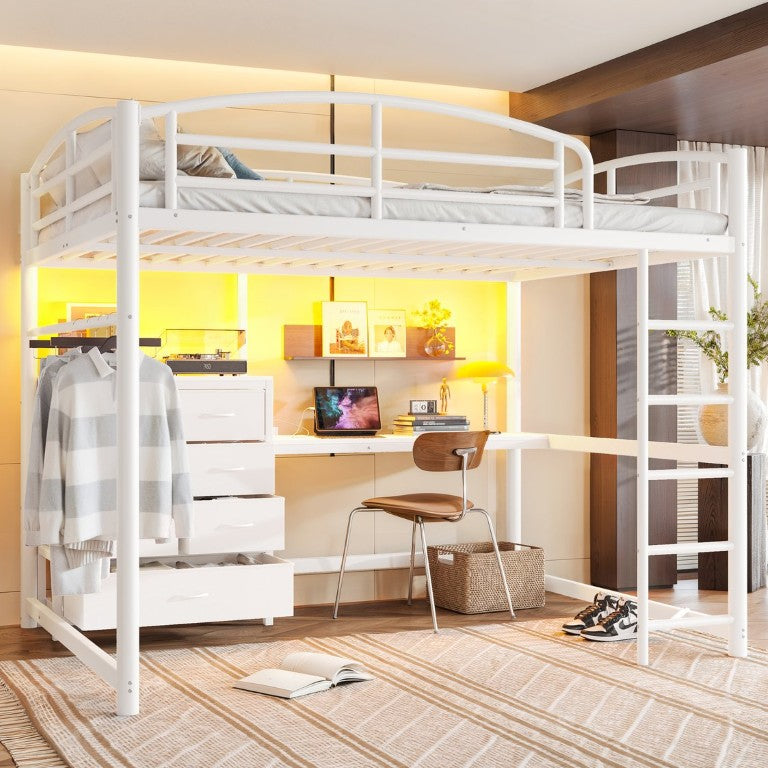English Elm Full Size Low Loft Bed with Integrated Desk LED Lighting and Fabric Storage Drawers Ancient White W5305S00222