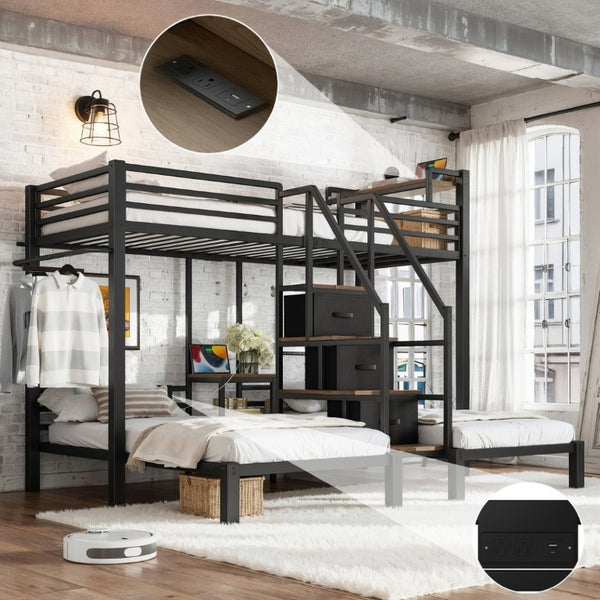 English Elm Twin Over Triple Heavy Duty Metal Bunk Bed with Storage Stair Drawers for Kids Black W5305S00226