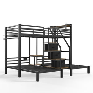 English Elm Twin Over Triple Heavy Duty Metal Bunk Bed with Storage Stair Drawers for Kids Black W5305S00226