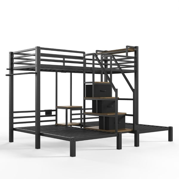 English Elm Twin Over Triple Heavy Duty Metal Bunk Bed with Storage Stair Drawers for Kids Black W5305S00226
