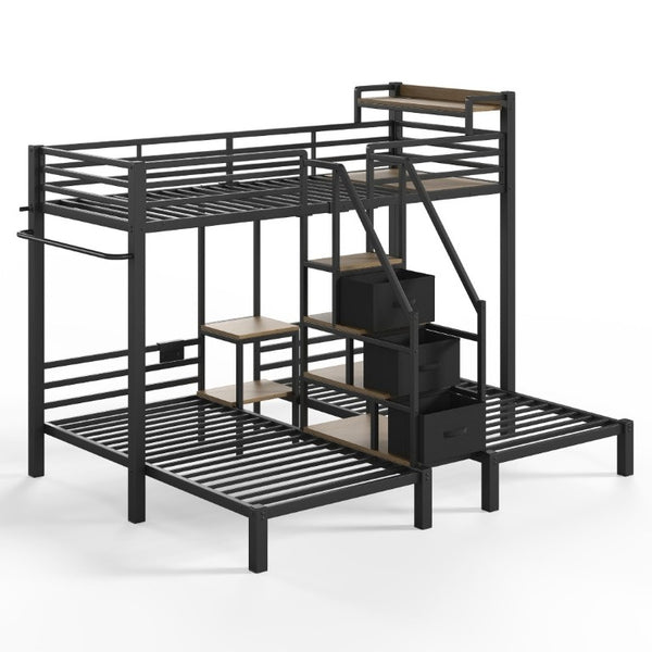 English Elm Twin Over Triple Heavy Duty Metal Bunk Bed with Storage Stair Drawers for Kids Black W5305S00226