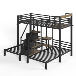 English Elm Twin Over Triple Heavy Duty Metal Bunk Bed with Storage Stair Drawers for Kids Black W5305S00226