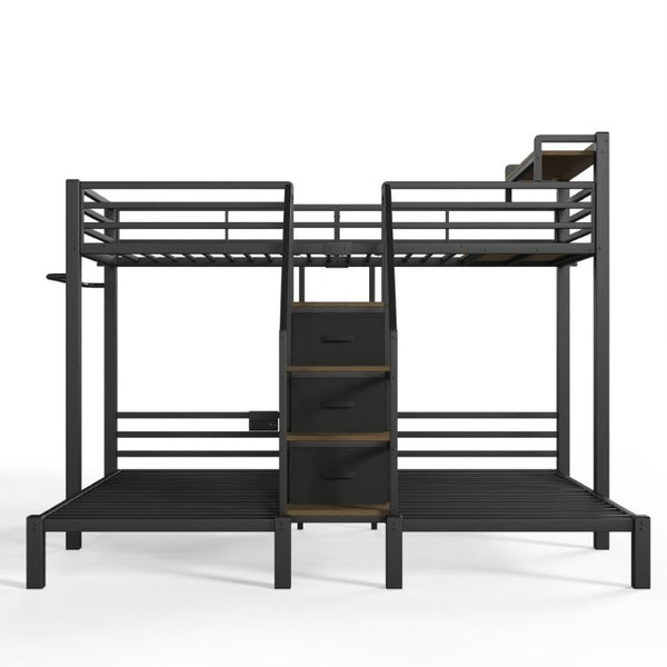 English Elm Twin Over Triple Heavy Duty Metal Bunk Bed with Storage Stair Drawers for Kids Black W5305S00226