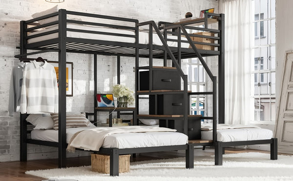 English Elm Twin Over Triple Heavy Duty Metal Bunk Bed with Storage Stair Drawers for Kids Black W5305S00226