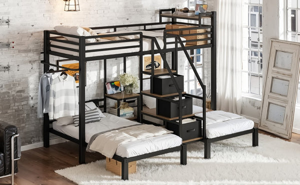 English Elm Twin Over Triple Heavy Duty Metal Bunk Bed with Storage Stair Drawers for Kids Black W5305S00226