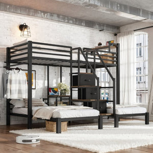 English Elm Twin Over Triple Heavy Duty Metal Bunk Bed with Storage Stair Drawers for Kids Black W5305S00226