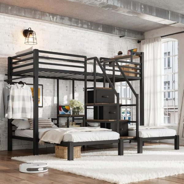 English Elm Twin Over Triple Heavy Duty Metal Bunk Bed with Storage Stair Drawers for Kids Black W5305S00226