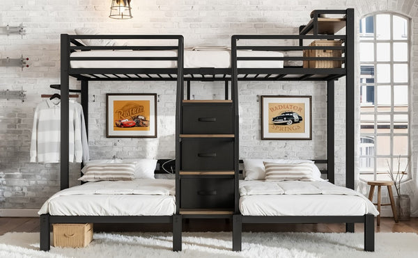 English Elm Twin Over Triple Heavy Duty Metal Bunk Bed with Storage Stair Drawers for Kids Black W5305S00226