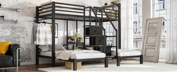 English Elm Twin Over Triple Heavy Duty Metal Bunk Bed with Storage Stair Drawers for Kids Black W5305S00226