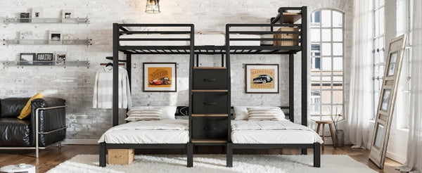 English Elm Twin Over Triple Heavy Duty Metal Bunk Bed with Storage Stair Drawers for Kids Black W5305S00226