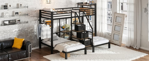 English Elm Twin Over Triple Heavy Duty Metal Bunk Bed with Storage Stair Drawers for Kids Black W5305S00226