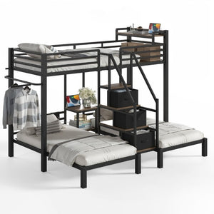 English Elm Twin Over Triple Heavy Duty Metal Bunk Bed with Storage Stair Drawers for Kids Black W5305S00226
