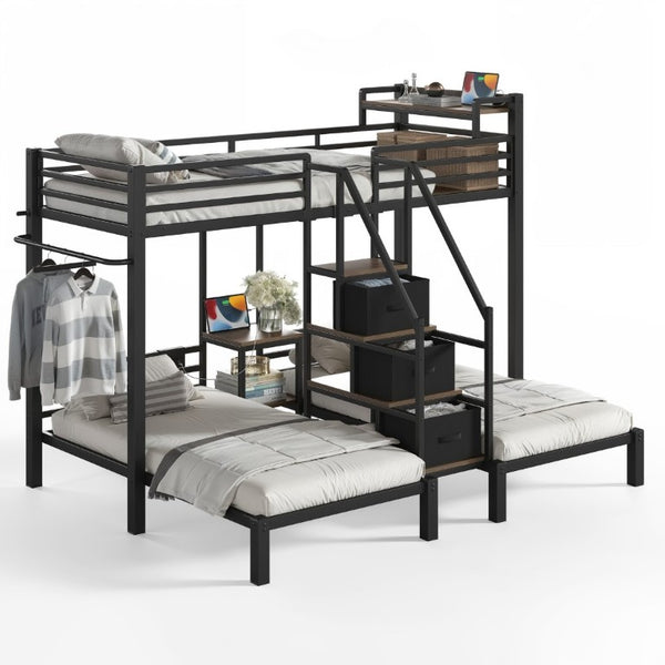 English Elm Twin Over Triple Heavy Duty Metal Bunk Bed with Storage Stair Drawers for Kids Black W5305S00226