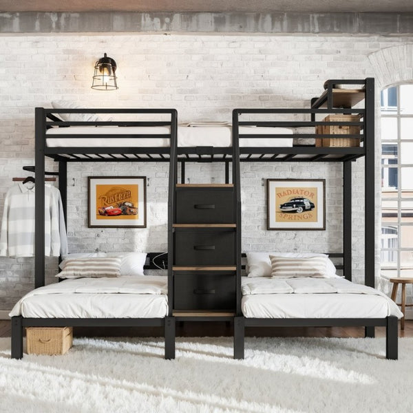 English Elm Twin Over Triple Heavy Duty Metal Bunk Bed with Storage Stair Drawers for Kids Black W5305S00226