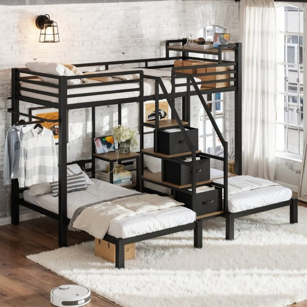 English Elm Twin Over Triple Heavy Duty Metal Bunk Bed with Storage Stair Drawers for Kids Black W5305S00226