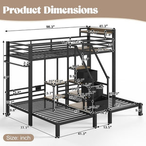 English Elm Twin Over Triple Heavy Duty Metal Bunk Bed with Storage Stair Drawers for Kids Black W5305S00226