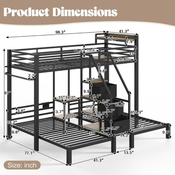 English Elm Twin Over Triple Heavy Duty Metal Bunk Bed with Storage Stair Drawers for Kids Black W5305S00226