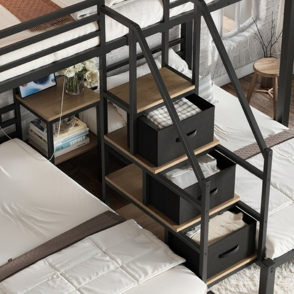 English Elm Twin Over Triple Heavy Duty Metal Bunk Bed with Storage Stair Drawers for Kids Black W5305S00226