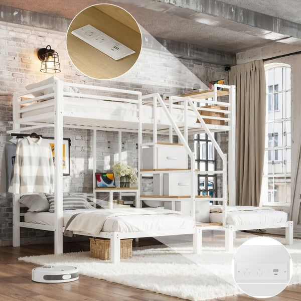 English Elm Twin Over Triple Heavy Duty Metal Bunk Bed with Storage Stair Drawers for Kids White W5305S00227