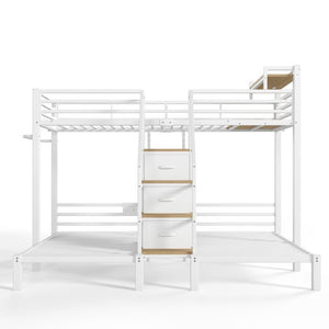 English Elm Twin Over Triple Heavy Duty Metal Bunk Bed with Storage Stair Drawers for Kids White W5305S00227