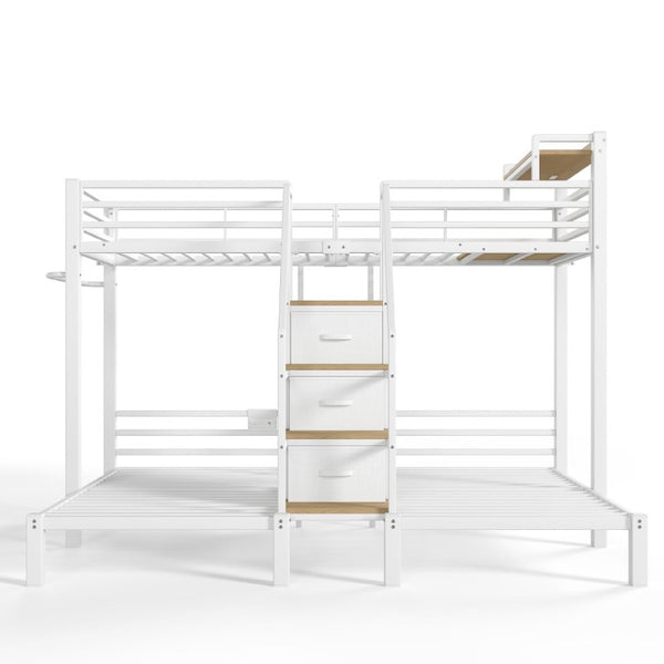 English Elm Twin Over Triple Heavy Duty Metal Bunk Bed with Storage Stair Drawers for Kids White W5305S00227