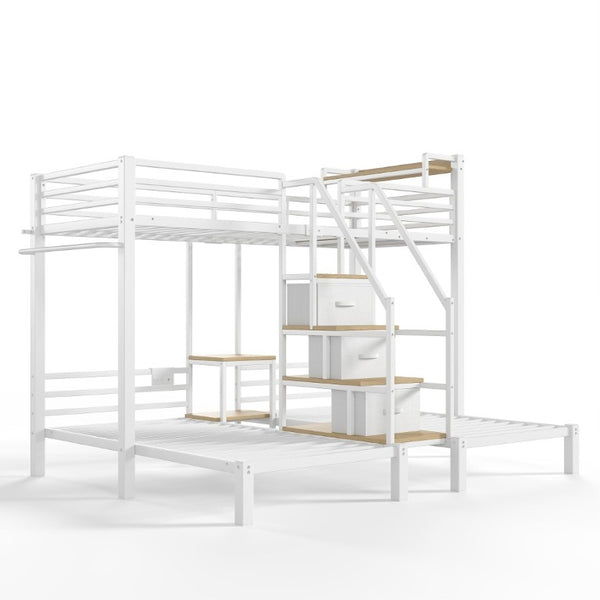 English Elm Twin Over Triple Heavy Duty Metal Bunk Bed with Storage Stair Drawers for Kids White W5305S00227
