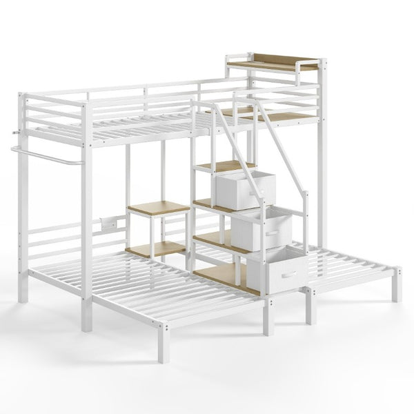 English Elm Twin Over Triple Heavy Duty Metal Bunk Bed with Storage Stair Drawers for Kids White W5305S00227