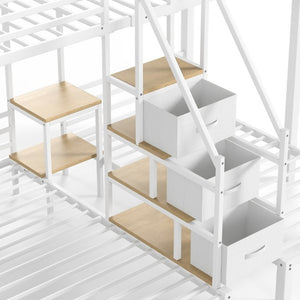English Elm Twin Over Triple Heavy Duty Metal Bunk Bed with Storage Stair Drawers for Kids White W5305S00227